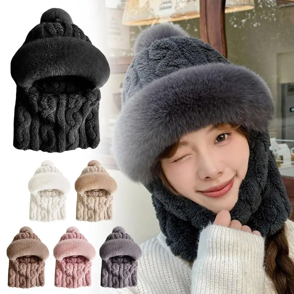 Women's Hooded Plush Winter Beanie – Windproof Ski Cycling Cap