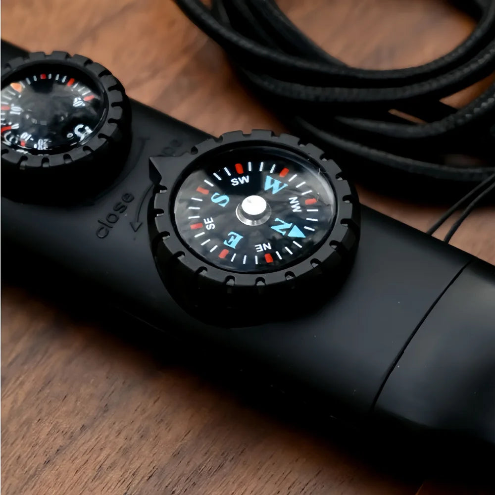 5 in 1 Emergency Safety Whistle Survival compass thermometer flashlight with Mini Compass for Outdoor Hiking Camping Peaceful Pleasures Health and Wellness
