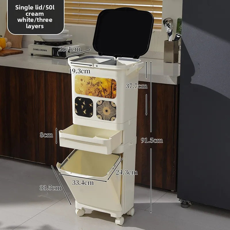 Vintage-Style Kitchen Trash Bin - Large Capacity, No Bending, Double Layer Wet/Dry Separation, Home Essential Peaceful Pleasures Health and Wellness Single 50L White