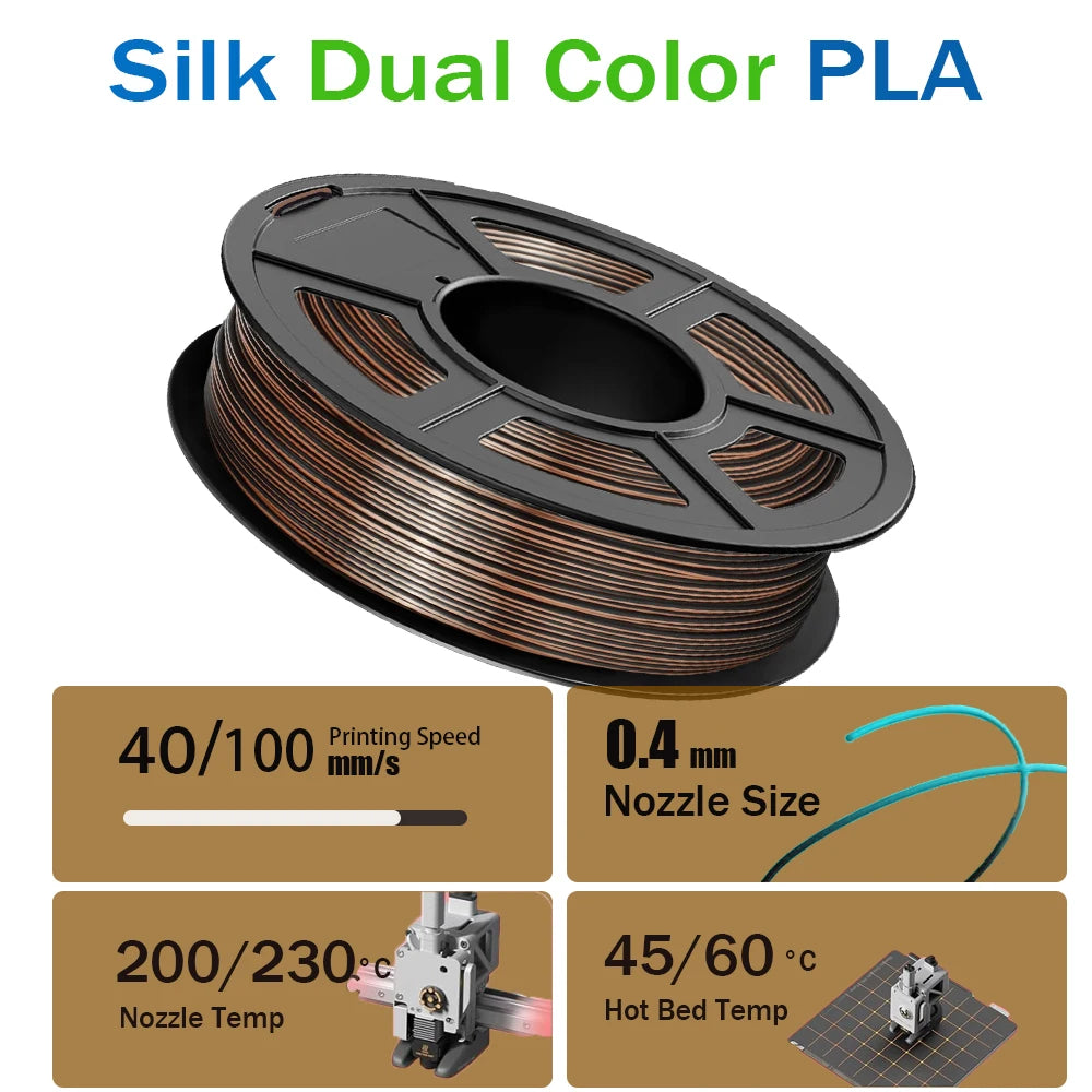 Silk Dual Color PLA Filament 1.75mm Bicolor Two-Tone 3D Print