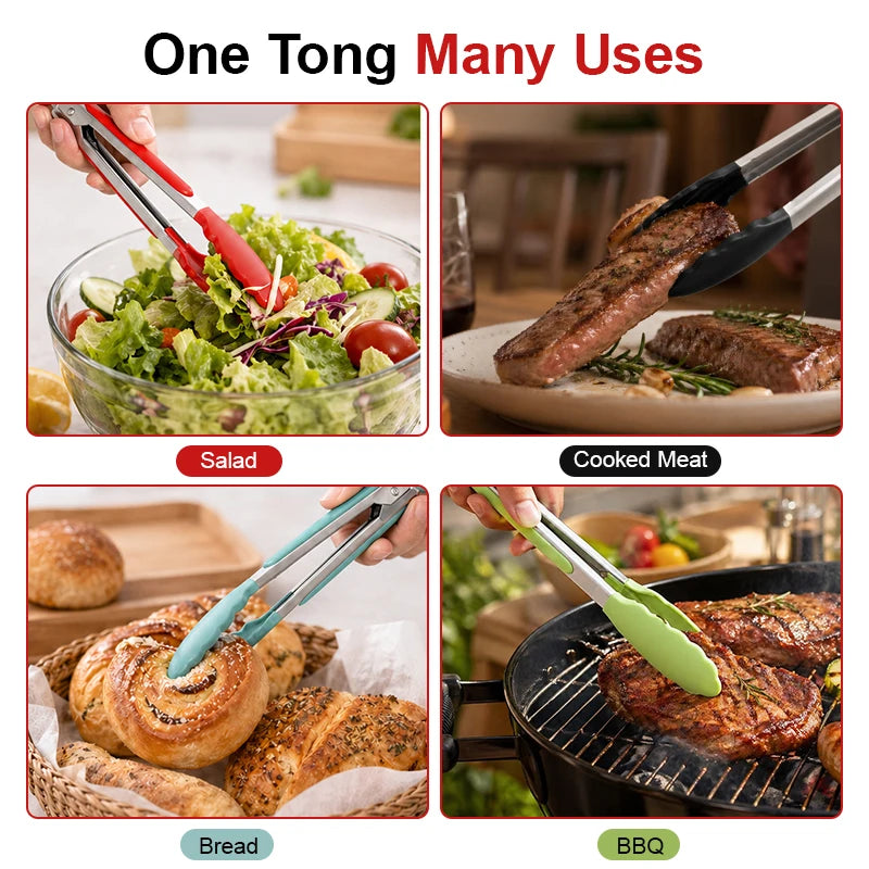 7/9/12 Inch Food Grade Silicone Kitchen Tongs 3 Size Kitchen Tongs Stainless Steel Heat Resistant BBQ Grilling Food Clip Peaceful Pleasures Health and Wellness
