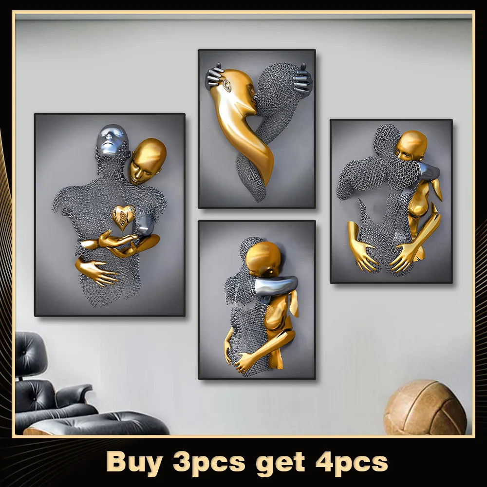 Metal Figure Golden Statue Art Canvas Painting Romantic Abstract Lovers Posters and Prints Wall Pictures Modern Home Decor Gifts Peaceful Pleasures Health and Wellness 3pcs plus1pc free 80x120cm No Frame
