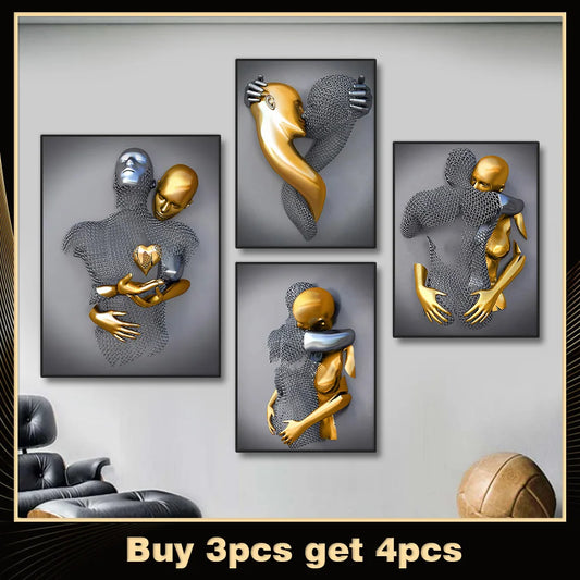 Metal Figure Golden Statue Art Canvas Painting Romantic Abstract Lovers Posters and Prints Wall Pictures Modern Home Decor Gifts Peaceful Pleasures Health and Wellness 3pcs plus1pc free 80x120cm No Frame