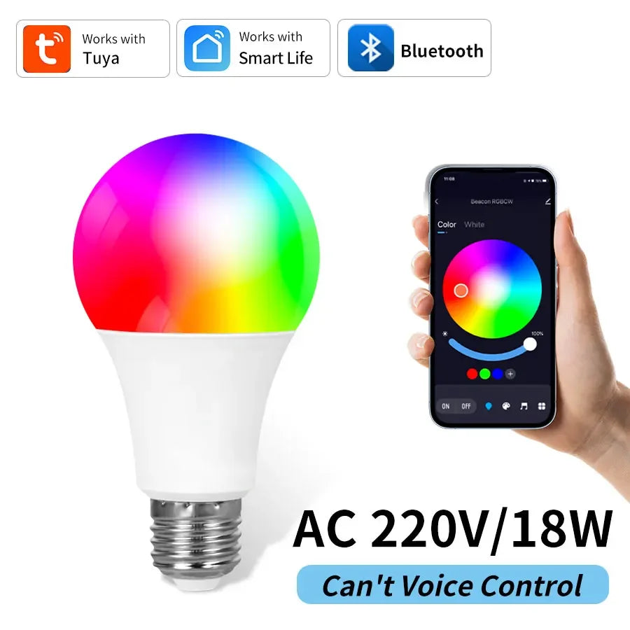 220V E27 Tuya Bluetooth Smart Bulb 9W 15W 18W Color Changeable LED RGB Lamp Dimmable Smart Life APP Control Timer Function Peaceful Pleasures Health and Wellness 220V 18W Yes
