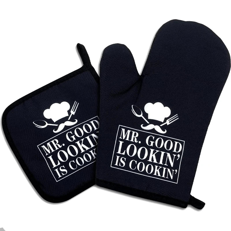 Funny "Mr. Good Looking Is Cooking" Oven Mitts & Pot Holders Set Oven Mitts Set Peaceful Pleasures Health and Wellness Oven Set 2pcs