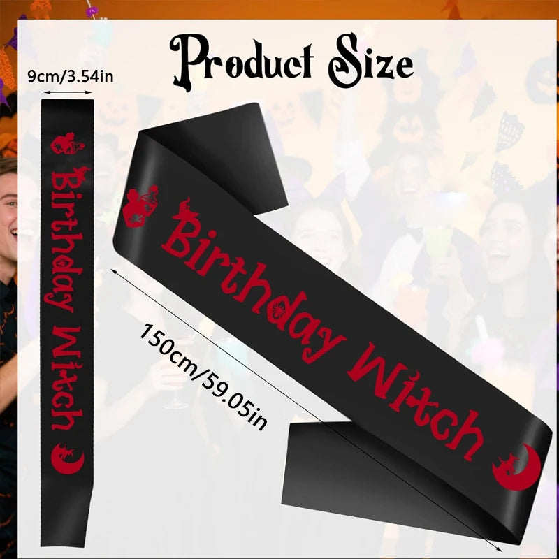 Birthday Witch Black Satin Sash | Gothic Halloween Party Gift