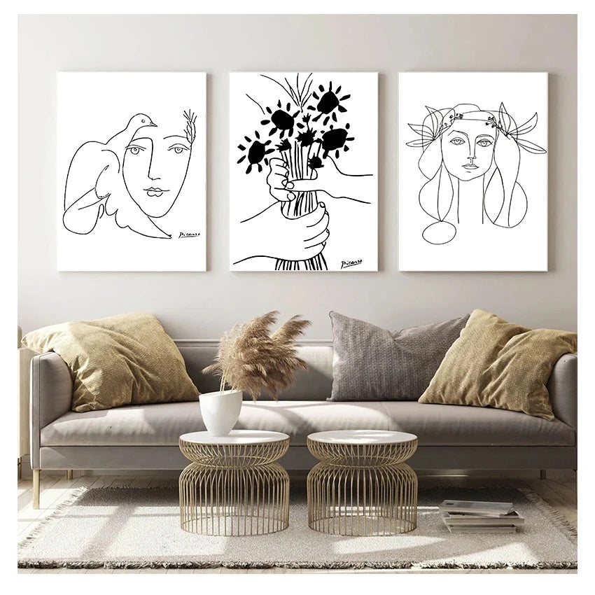 Minimalist Picasso Line Drawing Canvas Print – Woman & Bouquet