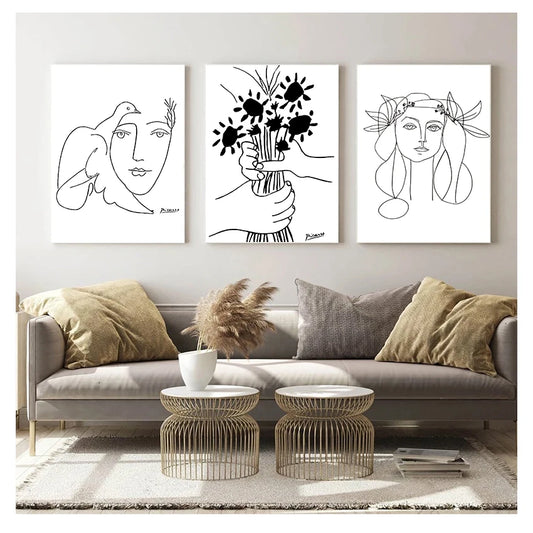 Minimalist Picasso Line Drawing Canvas Print – Woman & Bouquet Canvas Wall Art Print Peaceful Pleasures Health and Wellness