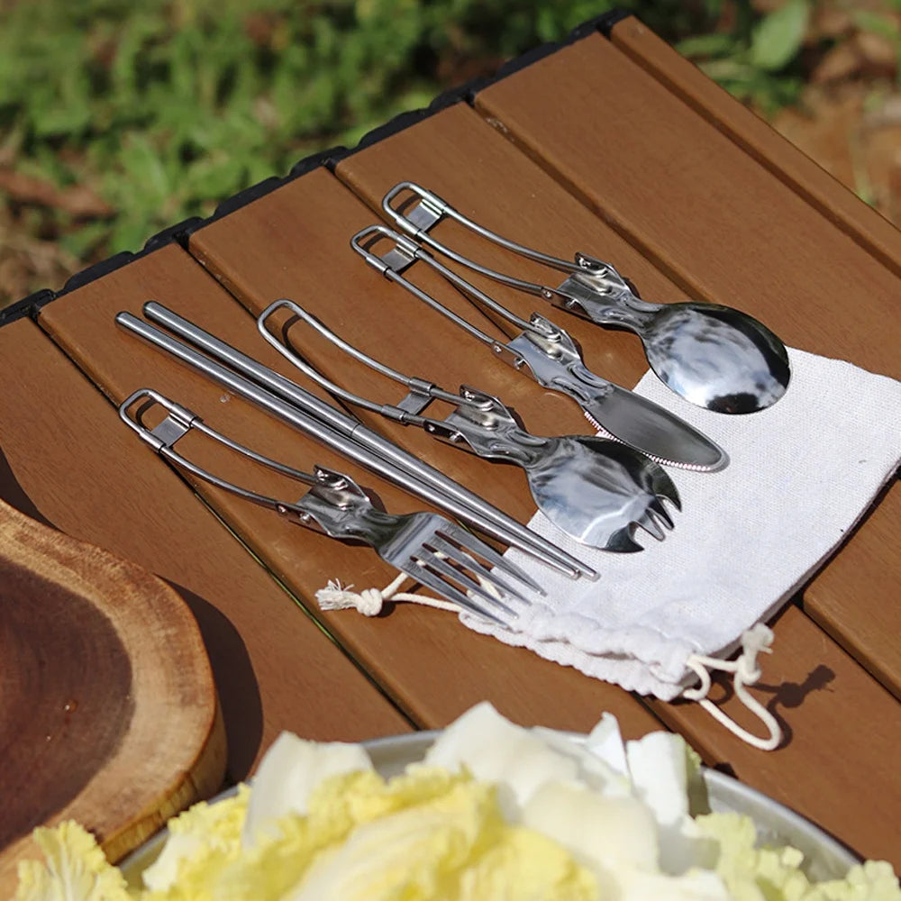 Portable 304 stainless steel folding tableware salad spoon fork chopstick set for Outdoor Camping Hiking Picnics Travel Peaceful Pleasures Health and Wellness