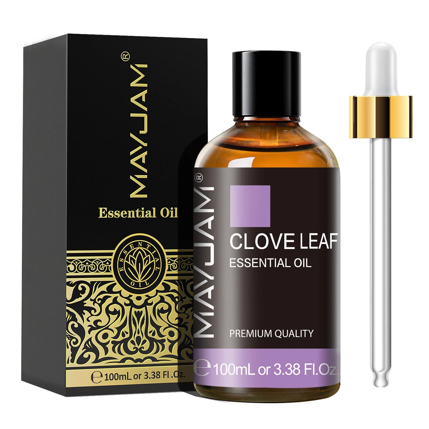 MayJam Clove Leaf essential oil bottle with dropper and packaging on a white background
