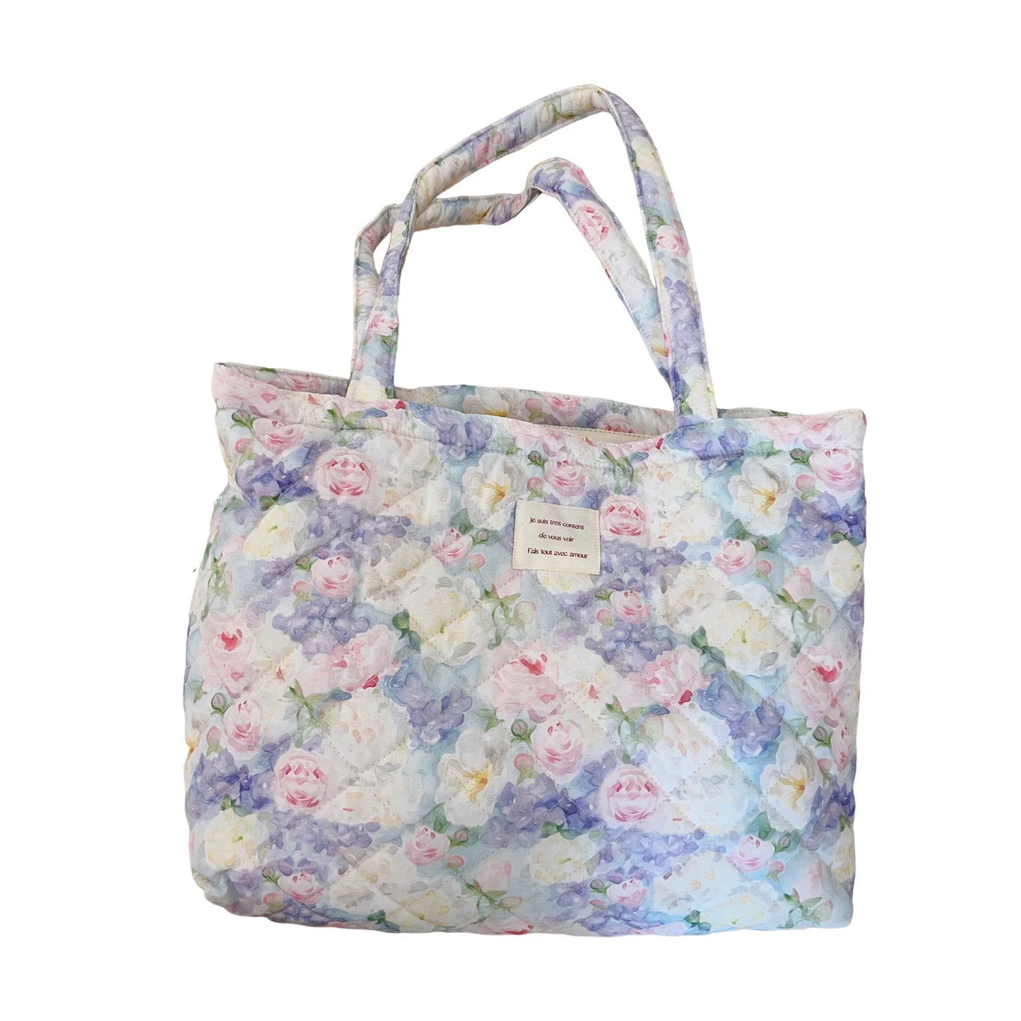 French Floral Quilted Tote Bag for Women Large Capacity Shoulder Handbag with Cotton Li-ning Stylish Mommy and Book Bag Peaceful Pleasures Health and Wellness 2