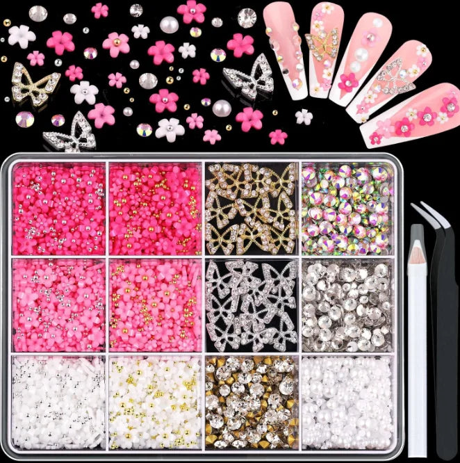 1 Box Multi Ribbon Bow Resin Nail Decoration Mixed Alloy Pearl Love