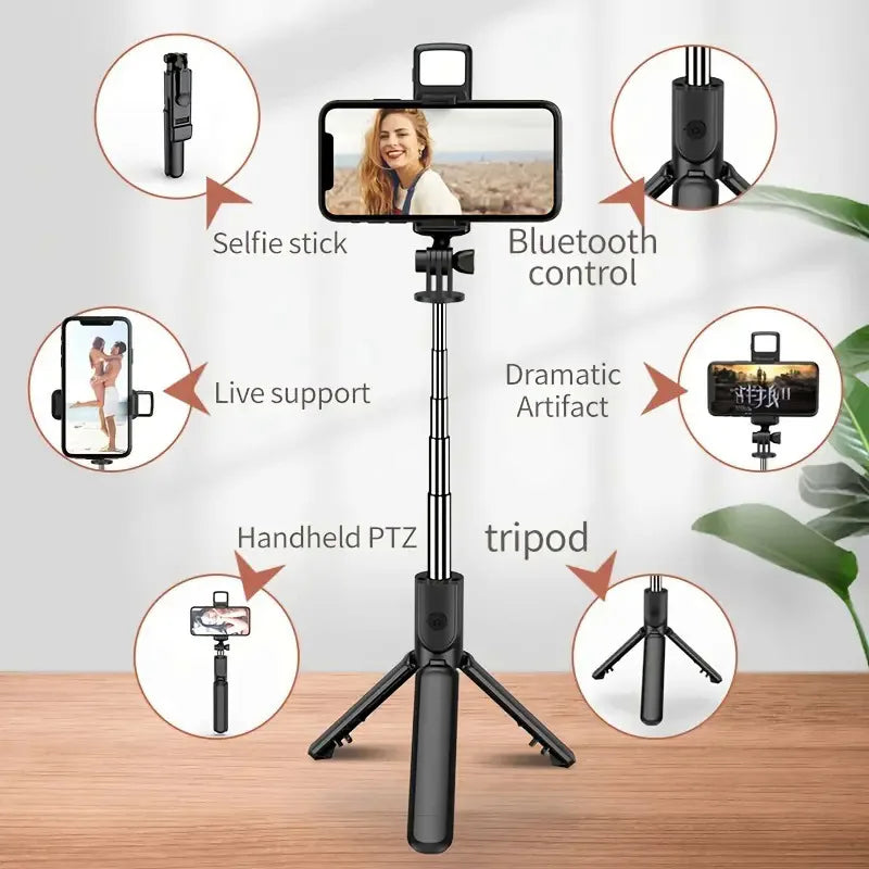All In One Expandable Portable IPhone Tripod Selfie Stick Selfie Stick With Remote With Detachable BT Wireless Remote Compatible Peaceful Pleasures Health and Wellness