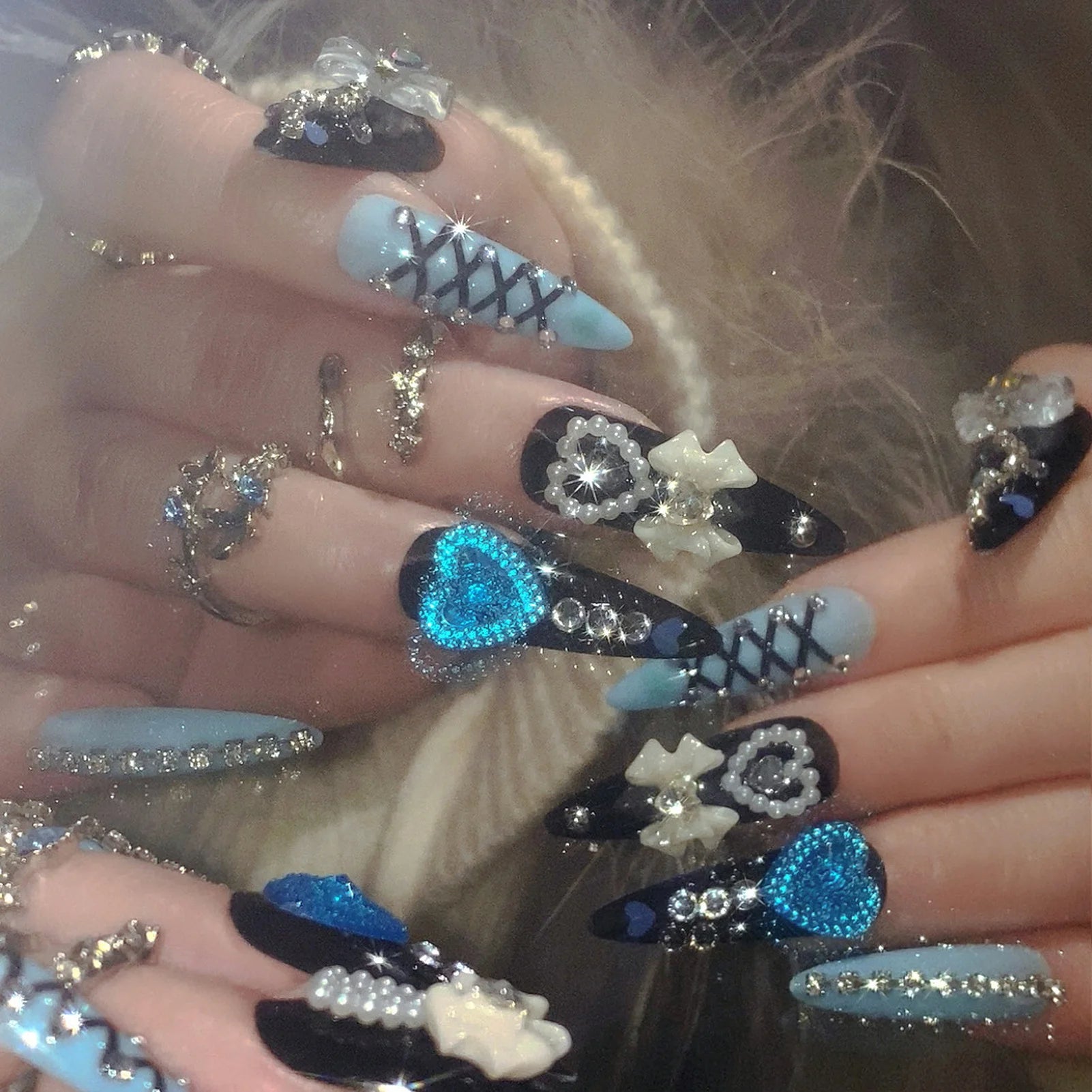 24pcs 3D Bow Press On Nails | Y2K Glitter Rhinestone Almond Set Press On Nails Peaceful Pleasures Health and Wellness style1