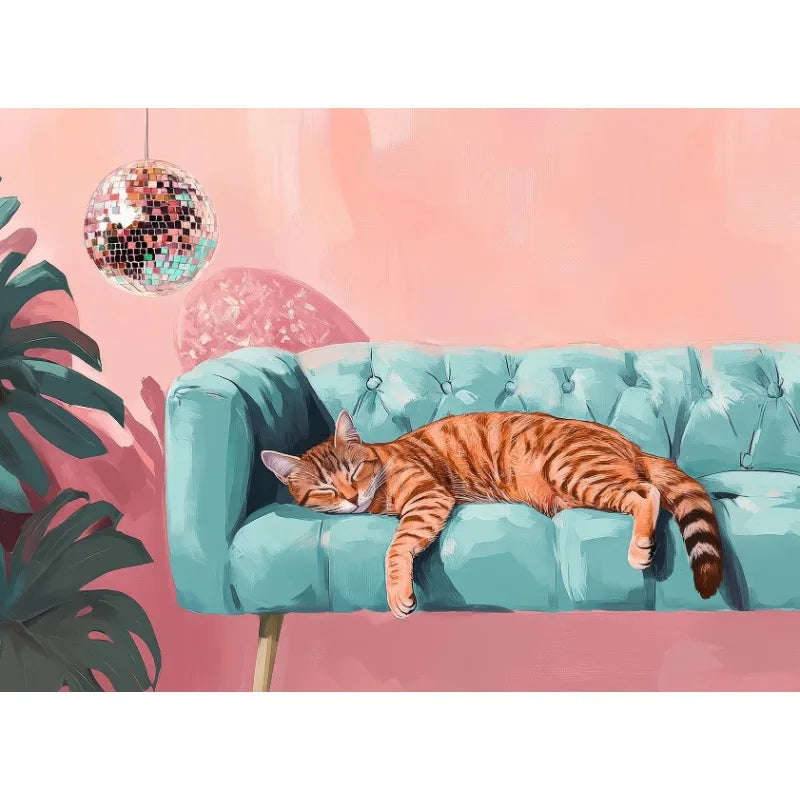 Vintage Trendy Cute Black Cat with Disco Ball&Tropical Drink Cocktail Poster Canvas Painting Wall Art Pictures Home Decor Gift Peaceful Pleasures Health and Wellness