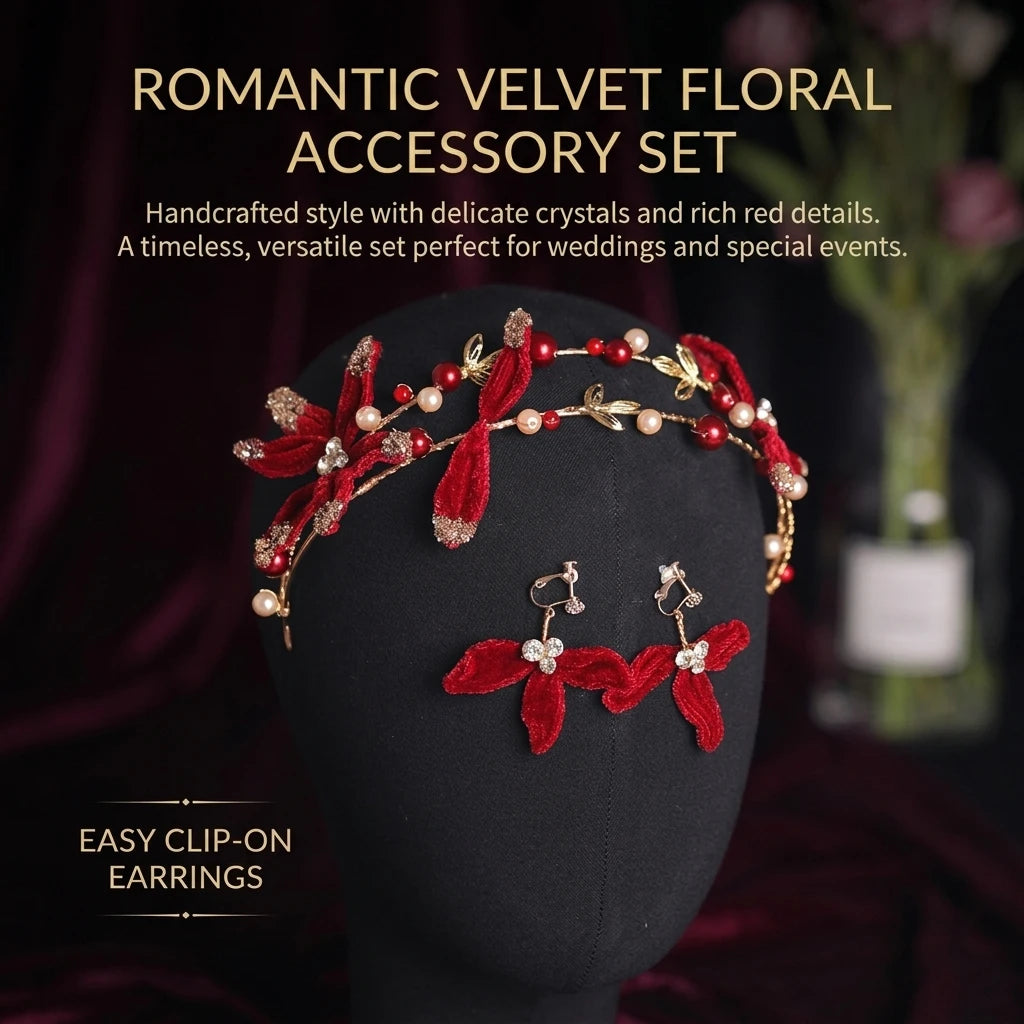 Red Velvet Bridal Headband Earring Set For Chinese Wedding Toast Ceremony Peaceful Pleasures Health and Wellness