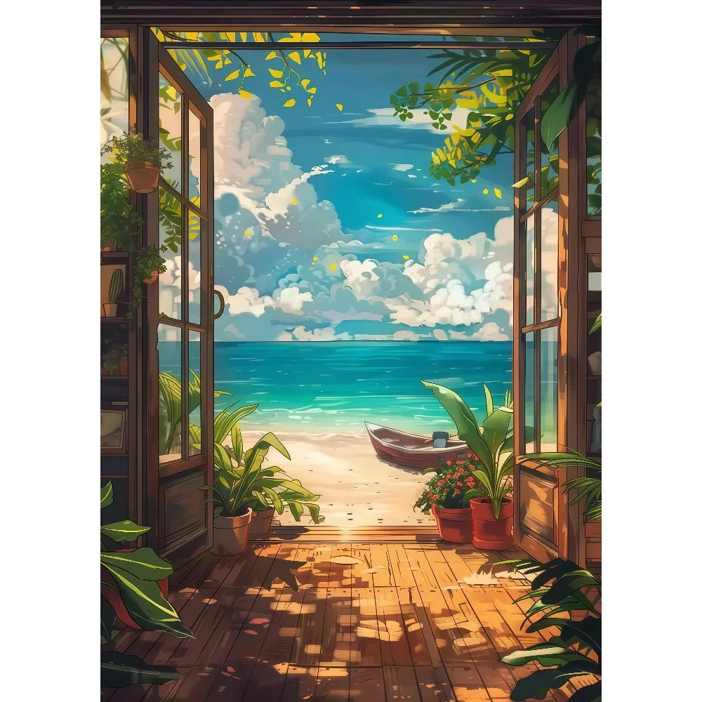 Anime Summer Landscape Canvas Wall Art | Beach Forest Cabin