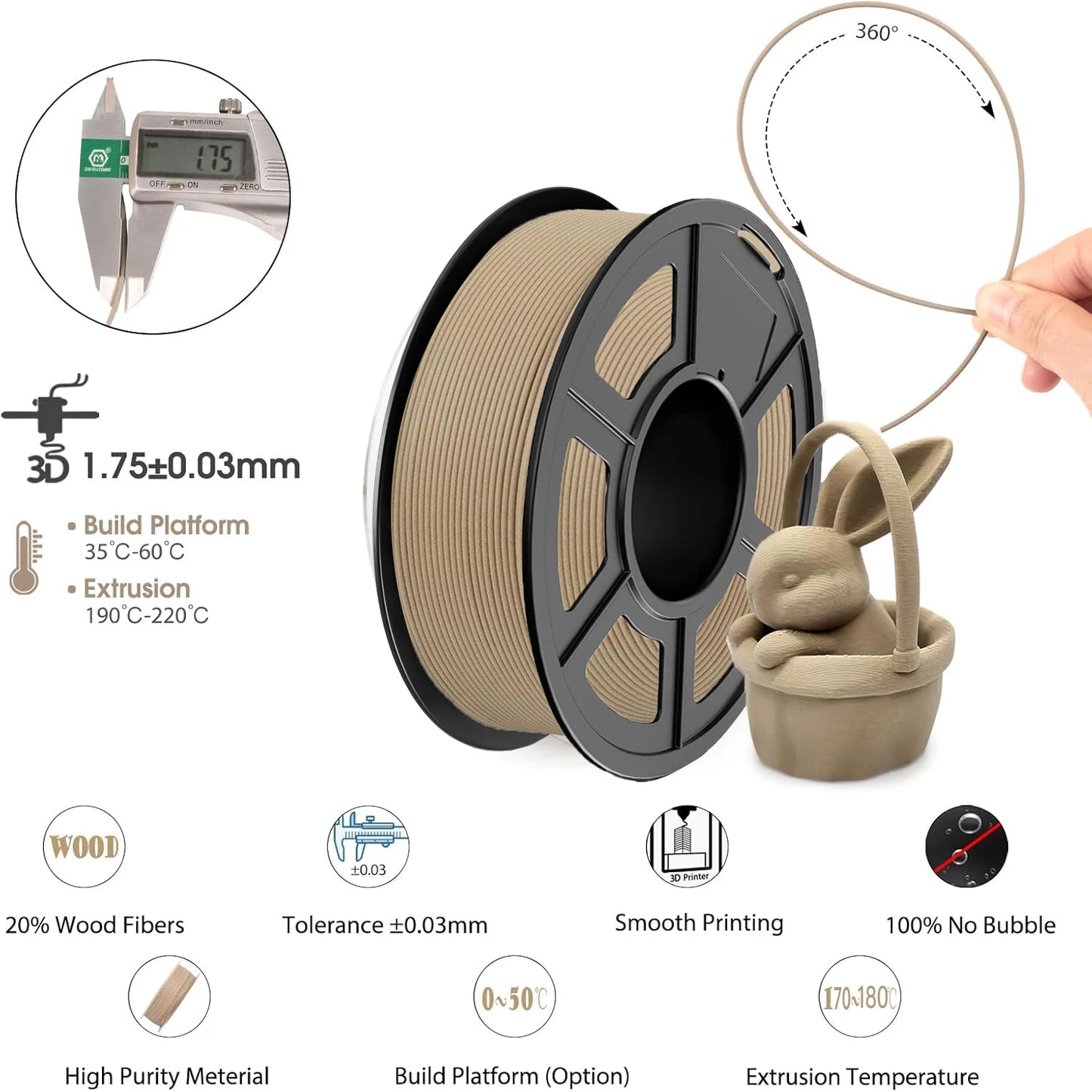 30% Wood Fiber PLA Filament 1.75mm 1kg – Walnut Oak Cherry Teak