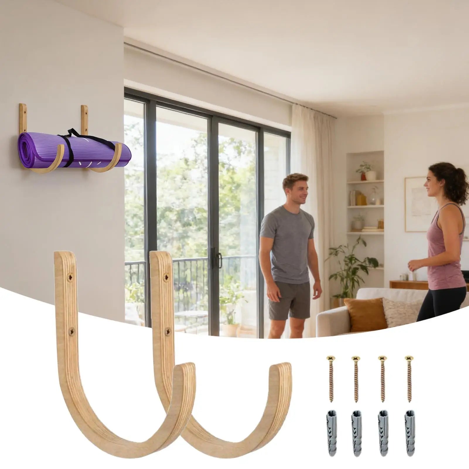 Yoga Mat Organizer 2 Pieces Wooden With Screws Yoga Mat Wall Mount Storage Rack For Home Indoor Workout Equipment Resistance Peaceful Pleasures Health and Wellness