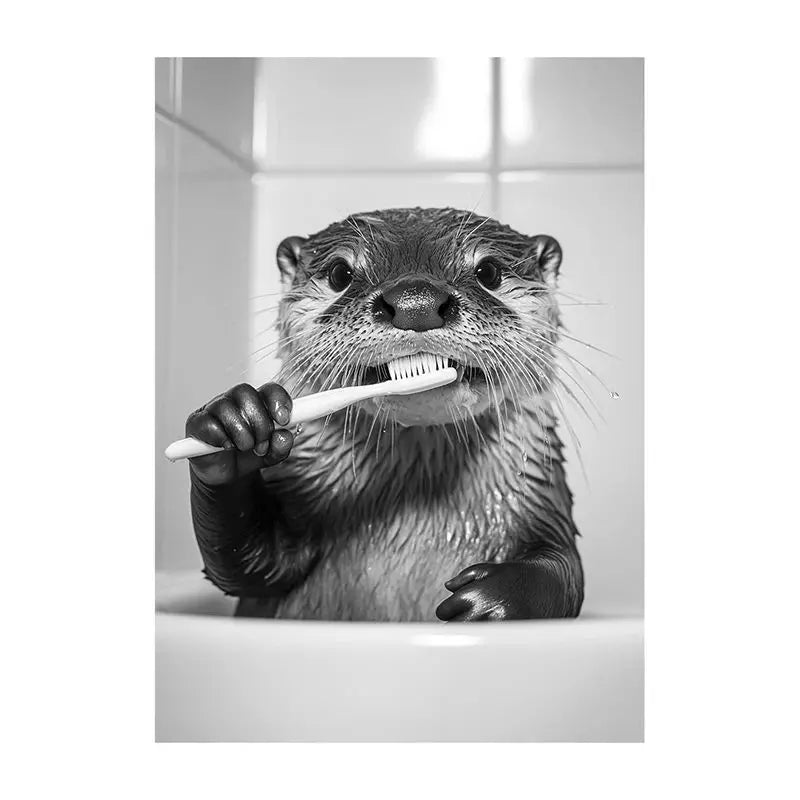 Funny Bathroom Animal Canvas Wall Art | Vintage Brushing Teeth