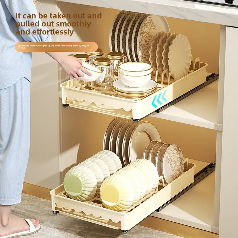 Under-Sink Pull-Out Kitchen Organizer No-Drill Retractable Dish Drainer Rack Expandable Cabinet Drawer Storage for Dishes Peaceful Pleasures Health and Wellness