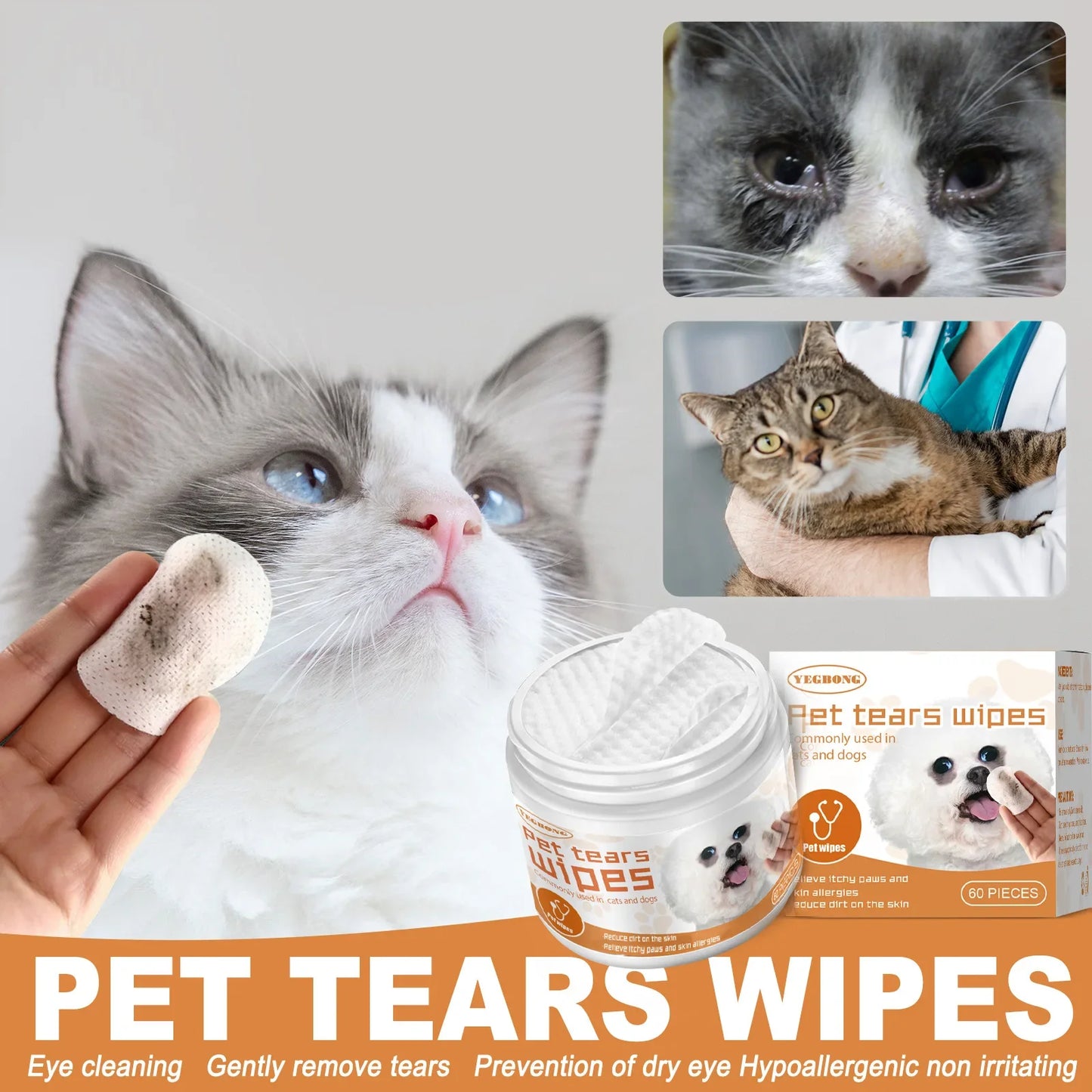 Pet Eye Wipes – Tear Stain Remover for Dogs & Cats 60 Pads