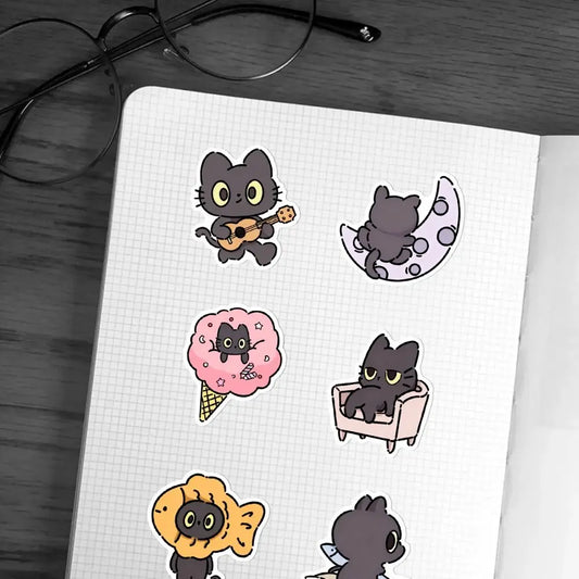 50Pcs Waterproof Kawaii Black Cat Sticker Cartoon Self-adhesive Funny Meme Sticker Animal Creative Stationery Sticker Peaceful Pleasures Health and Wellness