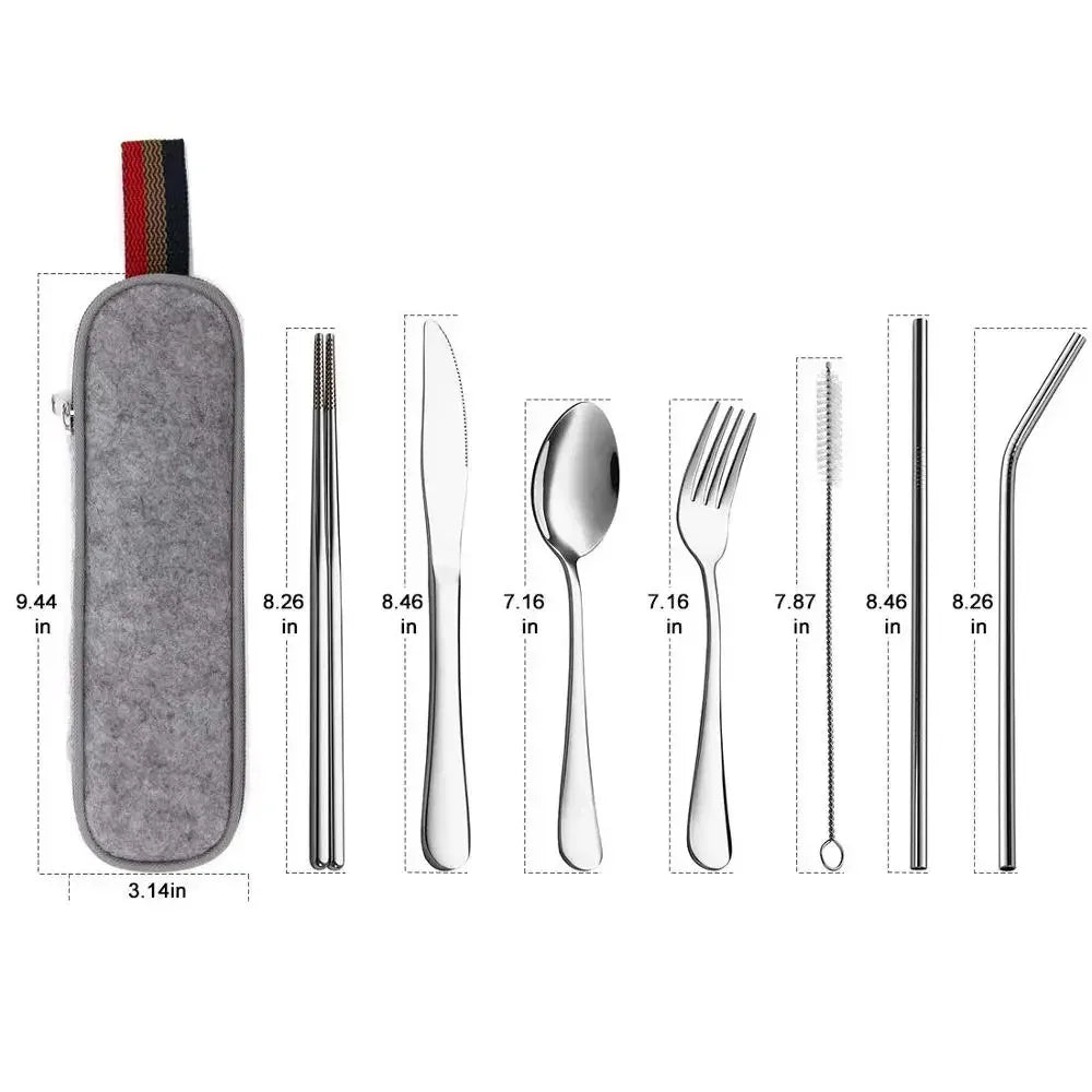 8-Piece Reusable Stainless Steel Travel Cutlery Set – Portable Utensils with Spoon, Fork, Chopsticks, Straw & Case