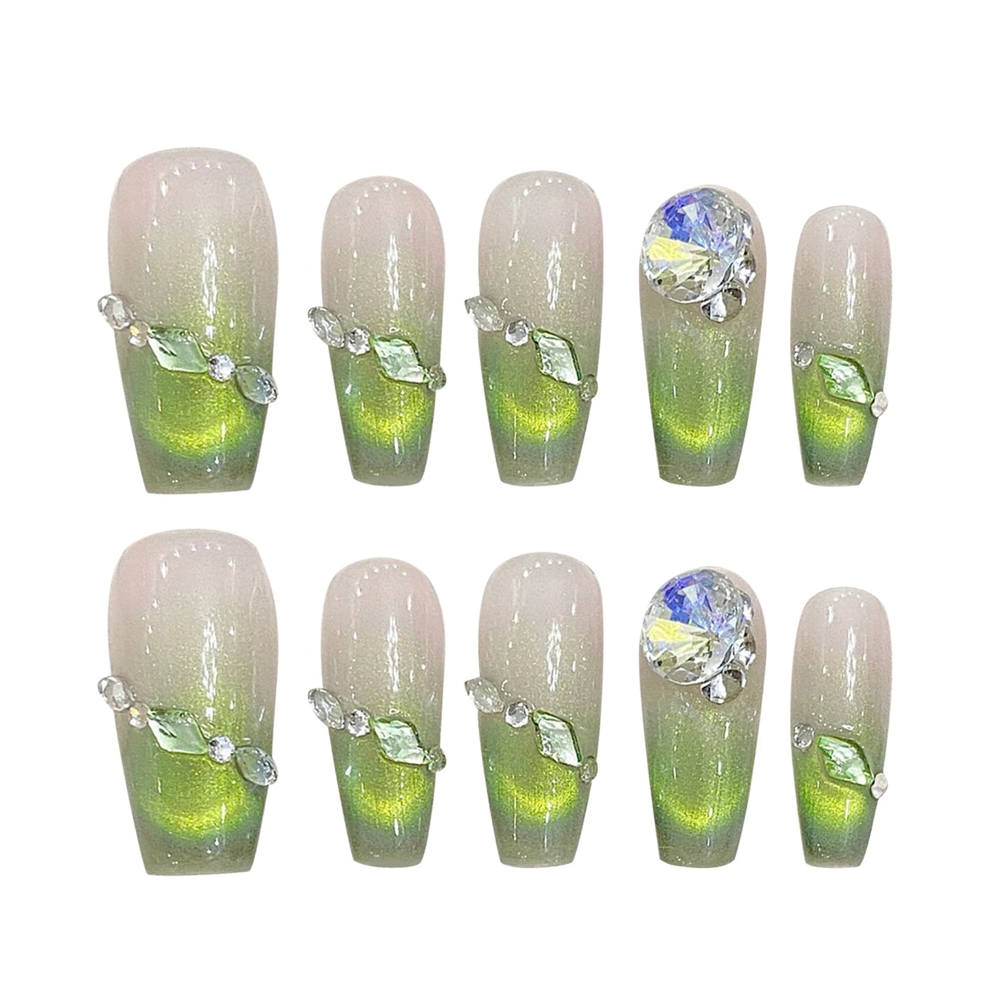 Handmade Press on Nails French Green Cat Eye Fake Nails with Rhinestone Design Wearable Detchable Long Ballet Coffin Fake Nails Peaceful Pleasures Health and Wellness S