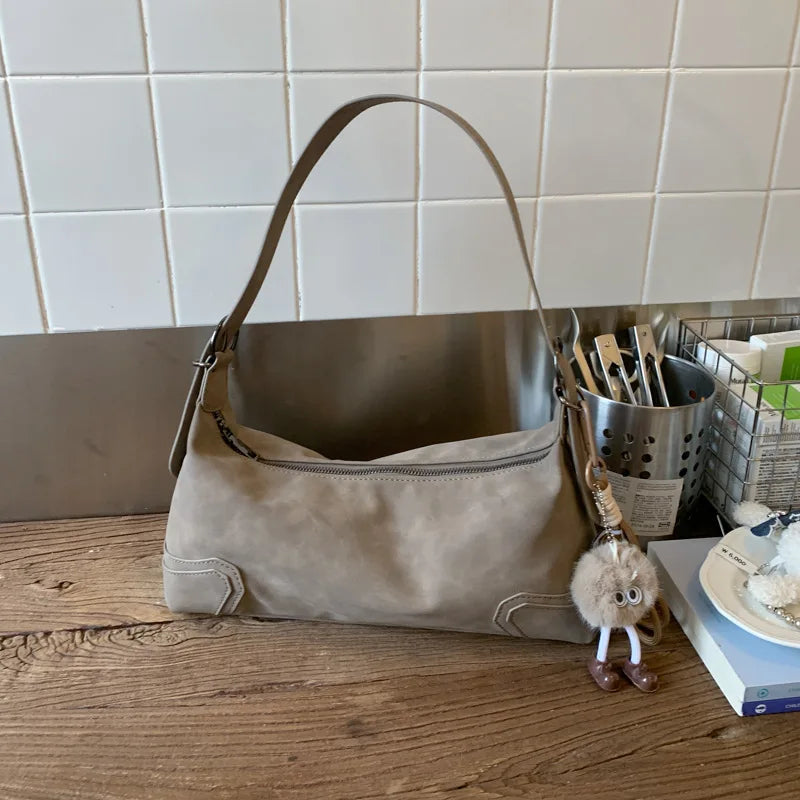 New Versatile Vintage Niche Texture Armpit Bag New Autumn Women Motorcycle Bag Minimalist Shoulder Bags Casual Commuter Handbag Peaceful Pleasures Health and Wellness GRAY No pendant
