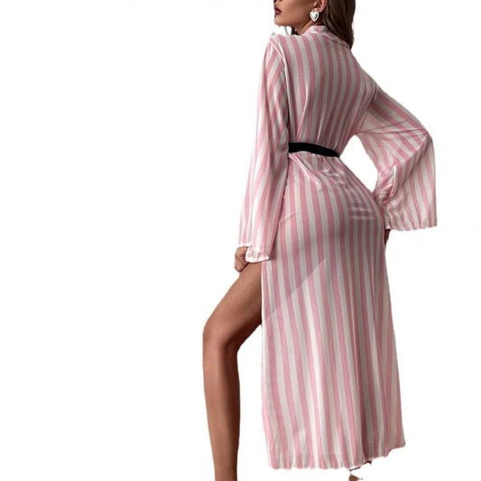 Women's Long Pink Striped Pajama Robe | Lightweight Sleepwear Pajama Robe Peaceful Pleasures Health and Wellness red L