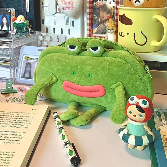 Funny Big Mouth Frog Plush Pen Bag Ins Cute Large Capacity Stationery Peaceful Pleasures Health and Wellness