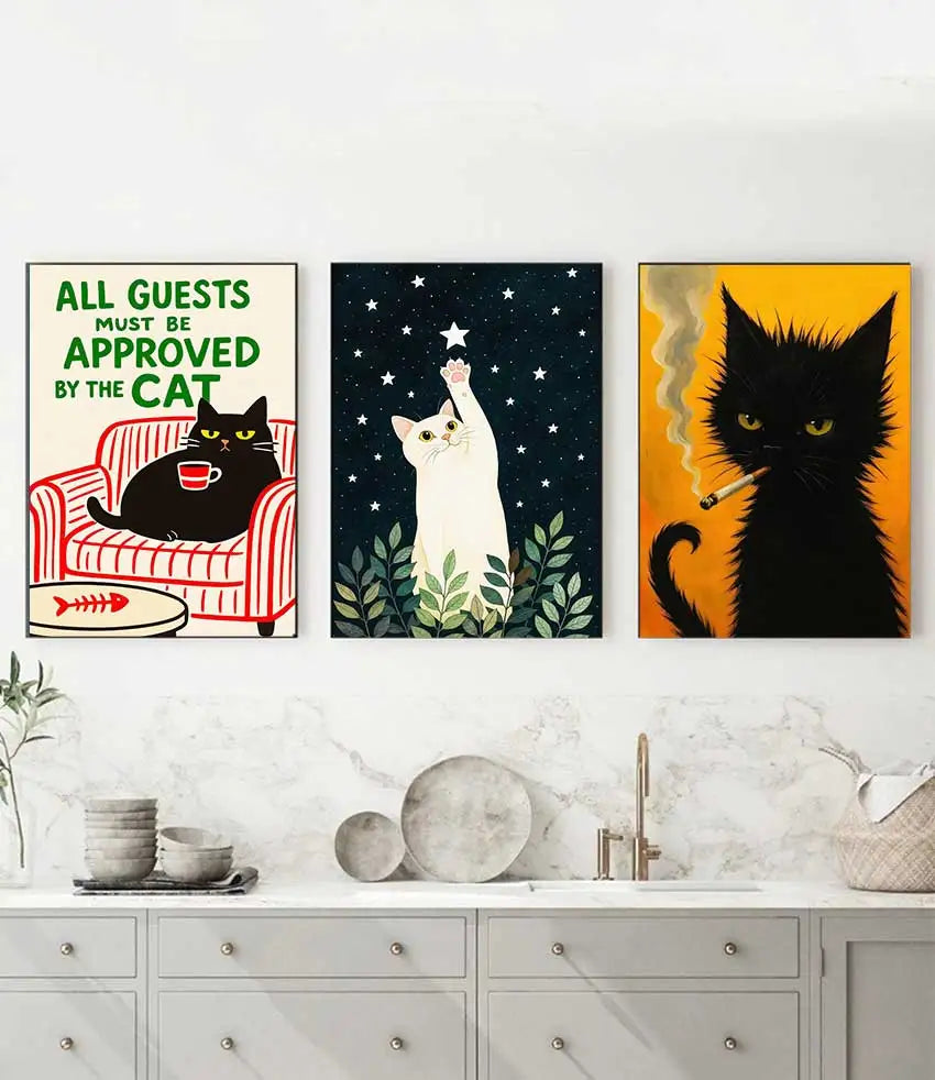 Cat with Cocktail Smoking Poster Canvas Painting Print Wall Art for Living Room Home Decor More Spaghetti, Less Upsetti Black Peaceful Pleasures Health and Wellness