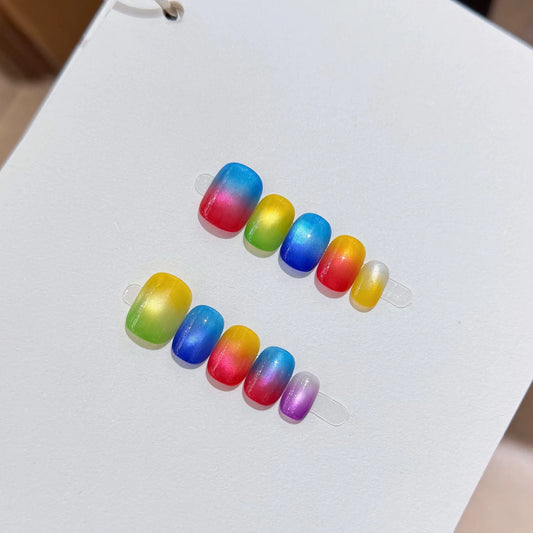 10pcs Handmade Press on Nails Rainbow Glass Beads Cat's Eye Fake Nails Wearable Detachable Cute Candy Color False Nails Short Peaceful Pleasures Health and Wellness