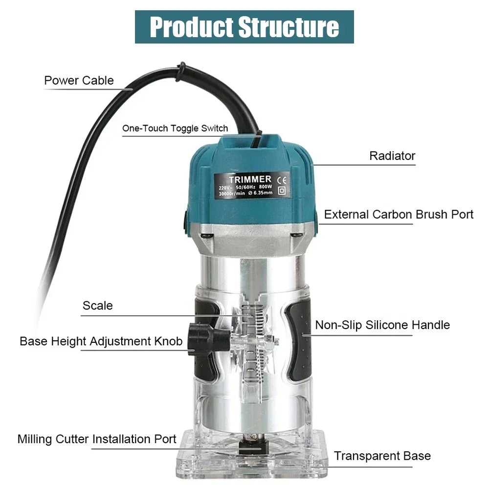 800WElectric Trimmer Wood Router Machine Woodworking 1/4 Inch Wood Carving Milling Cutting Carpenter Power Tool EU/US/AU/UK Plug Peaceful Pleasures Health and Wellness