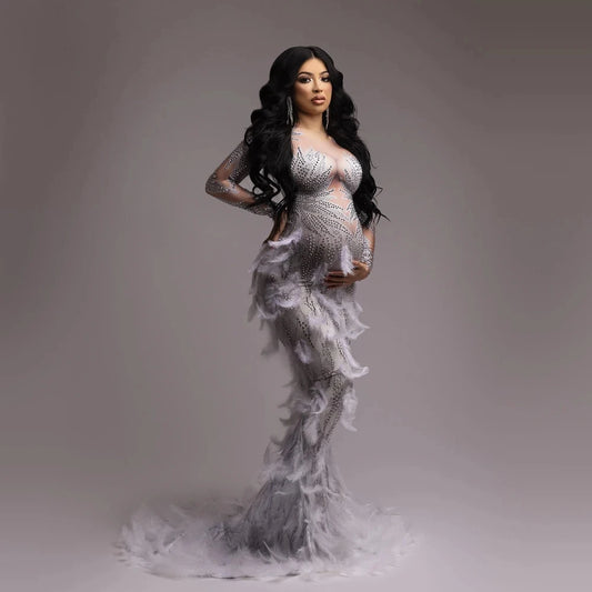 Rhinestone Feather Maternity Photography Dress | Elastic Gauze Maternity Photo Dress Peaceful Pleasures Health and Wellness