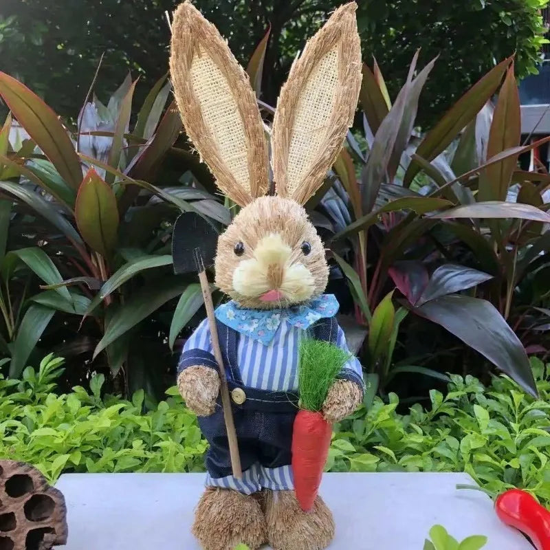 35cm Handmade Straw Easter Bunny Rustic Desktop Decoration