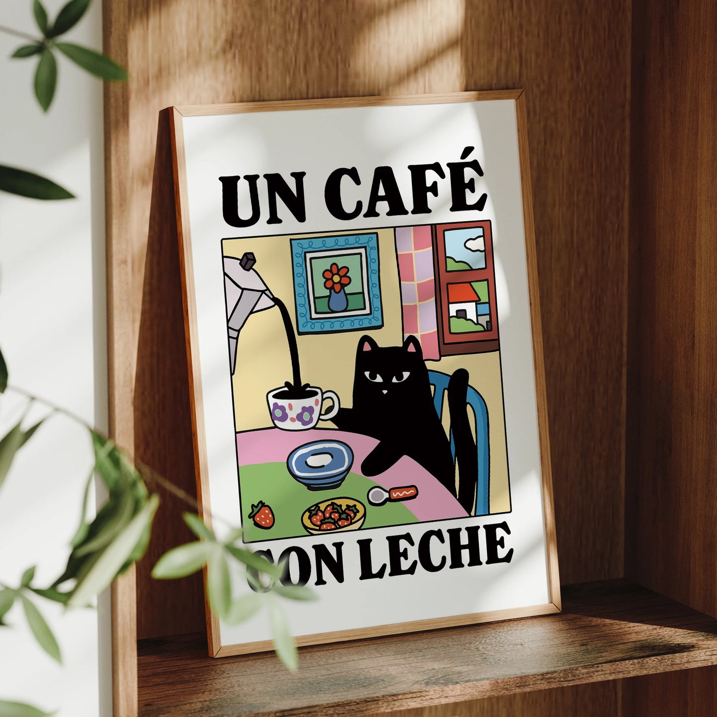 Cartoon Cat Café Con Leche Canvas Wall Art Print | Kids Room
