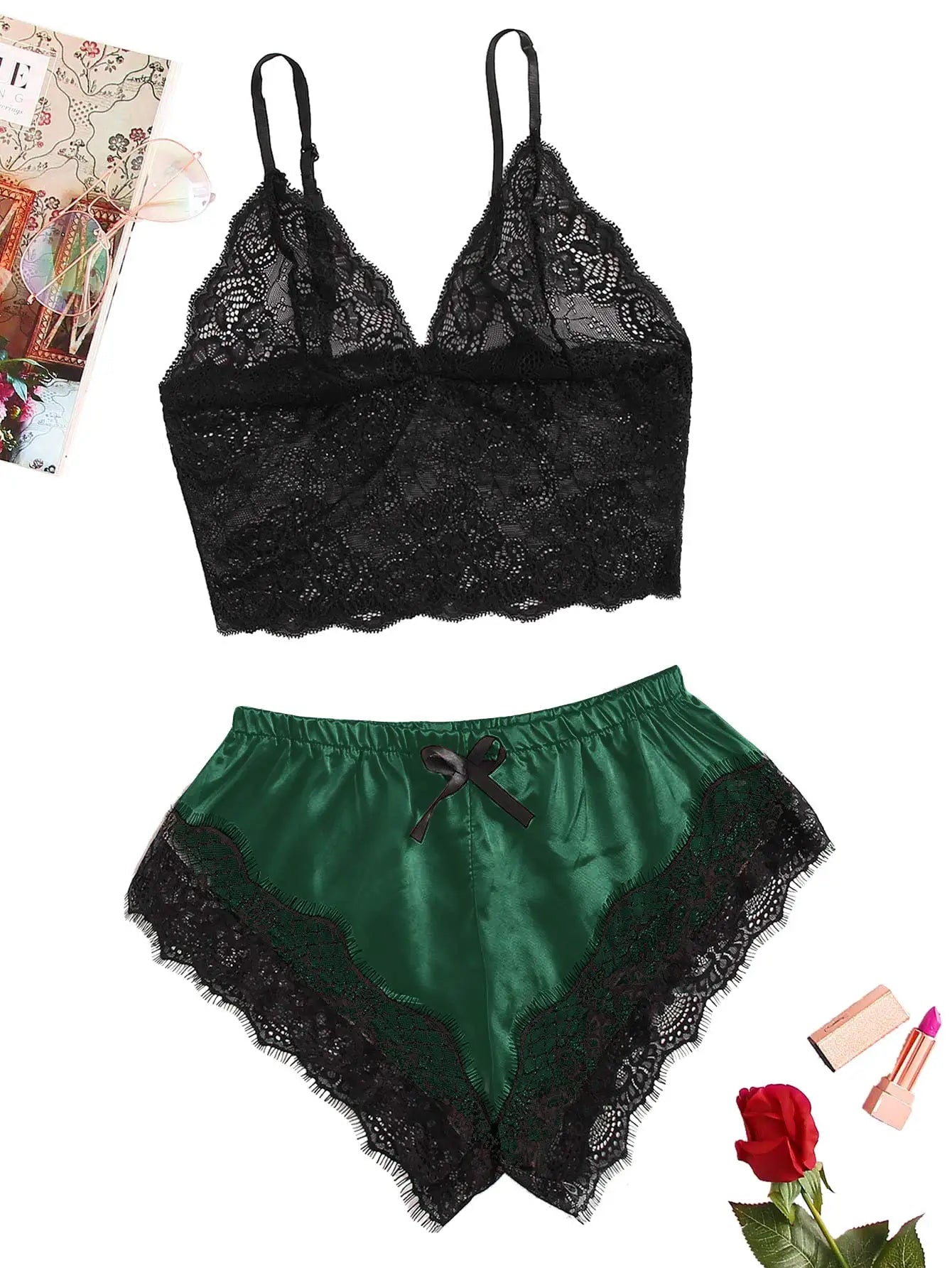 2PCS Women's Satin Pajama Set Lace Cami Top and Shorts Sexy Lingerie Sleepwear Summer Breathable Nightwear Black And Pink Peaceful Pleasures Health and Wellness