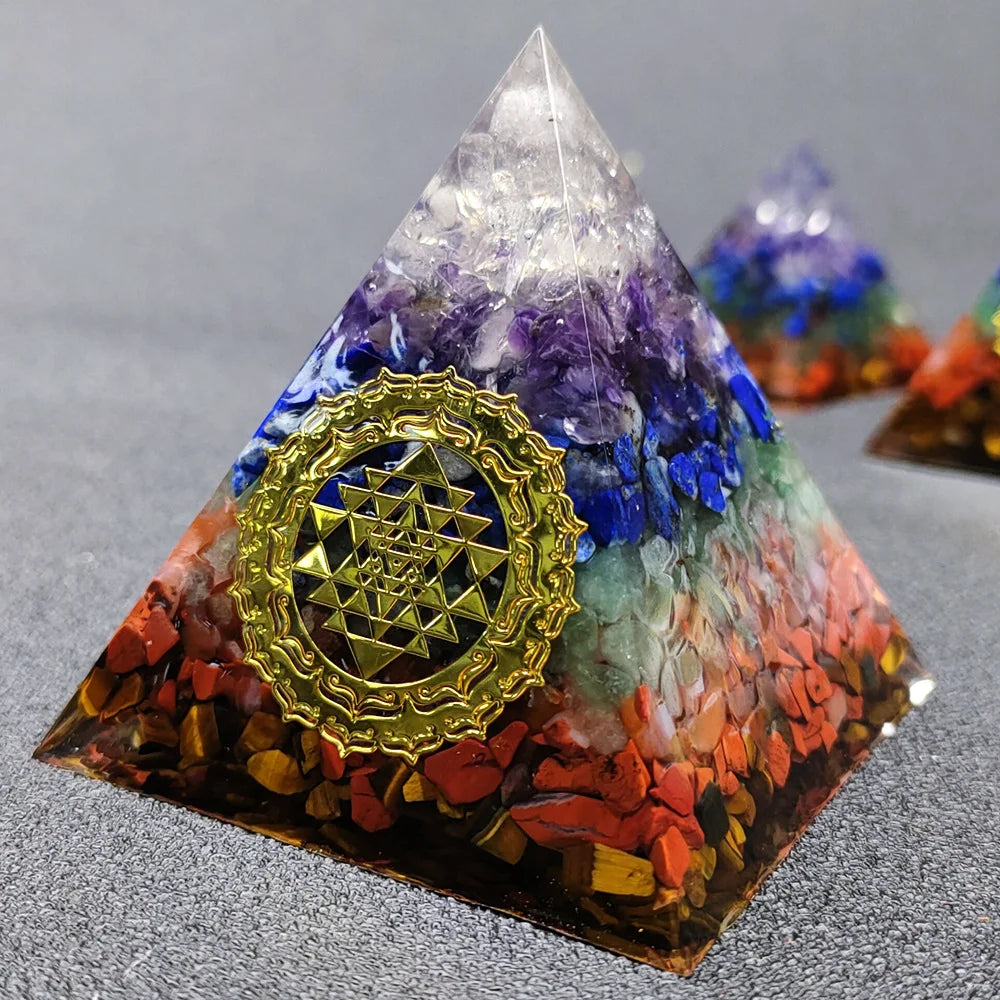 7 Chakra Orgone Pyramid for Reiki Healing Crystals and Stones Orgonite Energy Generator Meditation Balancing Home Decor Ornament Peaceful Pleasures Health and Wellness