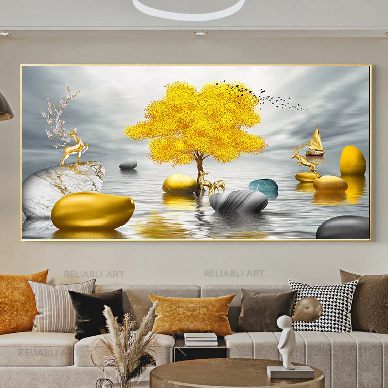 Chinese Feng Shui Golden Rich Tree Canvas Painting Wall Art Deer Landscape Lucky Stone Posters Wall Art for Living Room Decor Peaceful Pleasures Health and Wellness w2624 golden-11 20x40cm