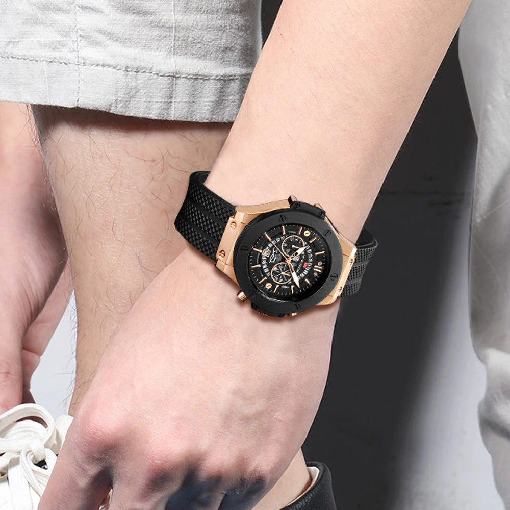 Black Silicone Mens Hand 46mm Hollowed Out Large Dial Rose Gold Fashionable Military Style Original Quartz Movement Sports Watch Peaceful Pleasures Health and Wellness