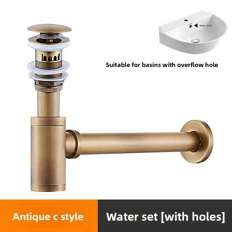 Brass Round Bottle P-Trap 1-1/4" Sink Drain Kit & Pop-Up Drain