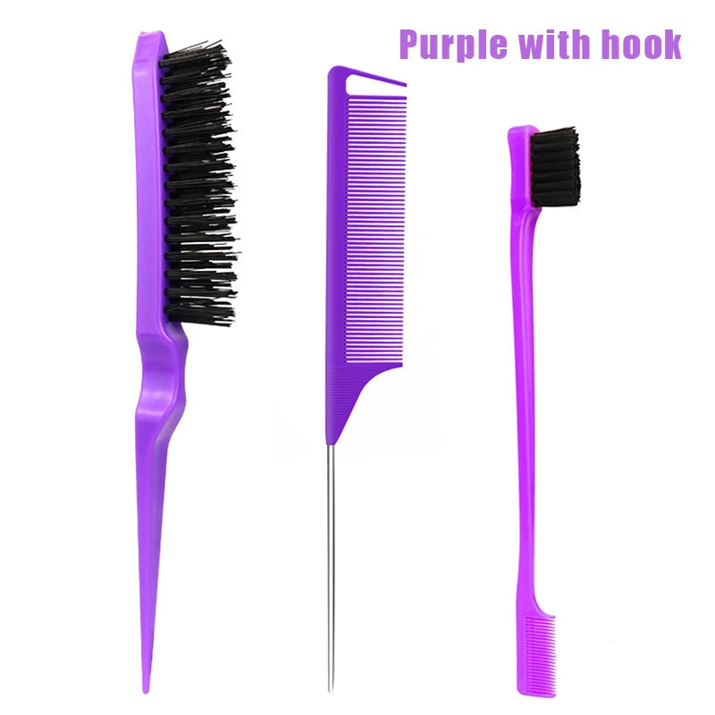 3-Piece Hair Styling Comb & Brush Set – Edge & Rat Tail Comb Hair Comb Brush Set Peaceful Pleasures Health and Wellness with hook Purple