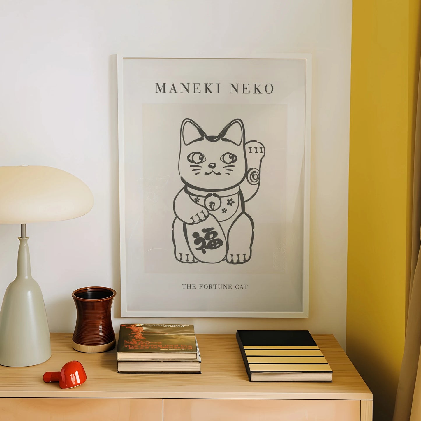 Maneki Neko Black & White Minimalist Canvas Wall Art Print