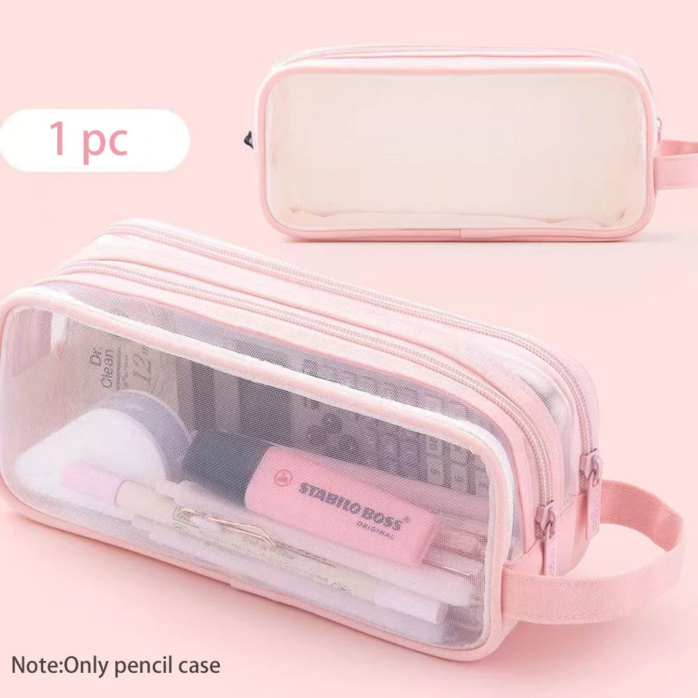 Mesh Double-layer Pencil Case Large Capacity Student Creative Simple