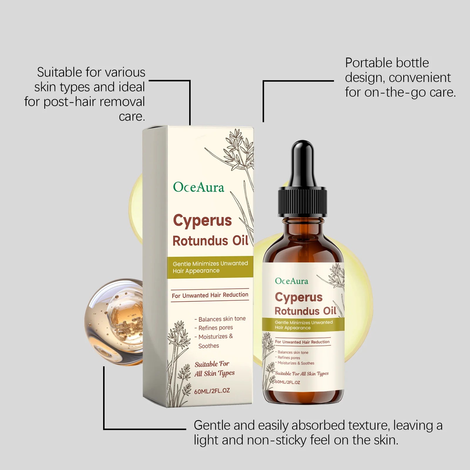Oceaura Hair Removal Oil Moisturizing Gentle Hair Removal Soothing Redness Smoothing Hair Softening Repair Cyperus Rotundus Oil Peaceful Pleasures Health and Wellness