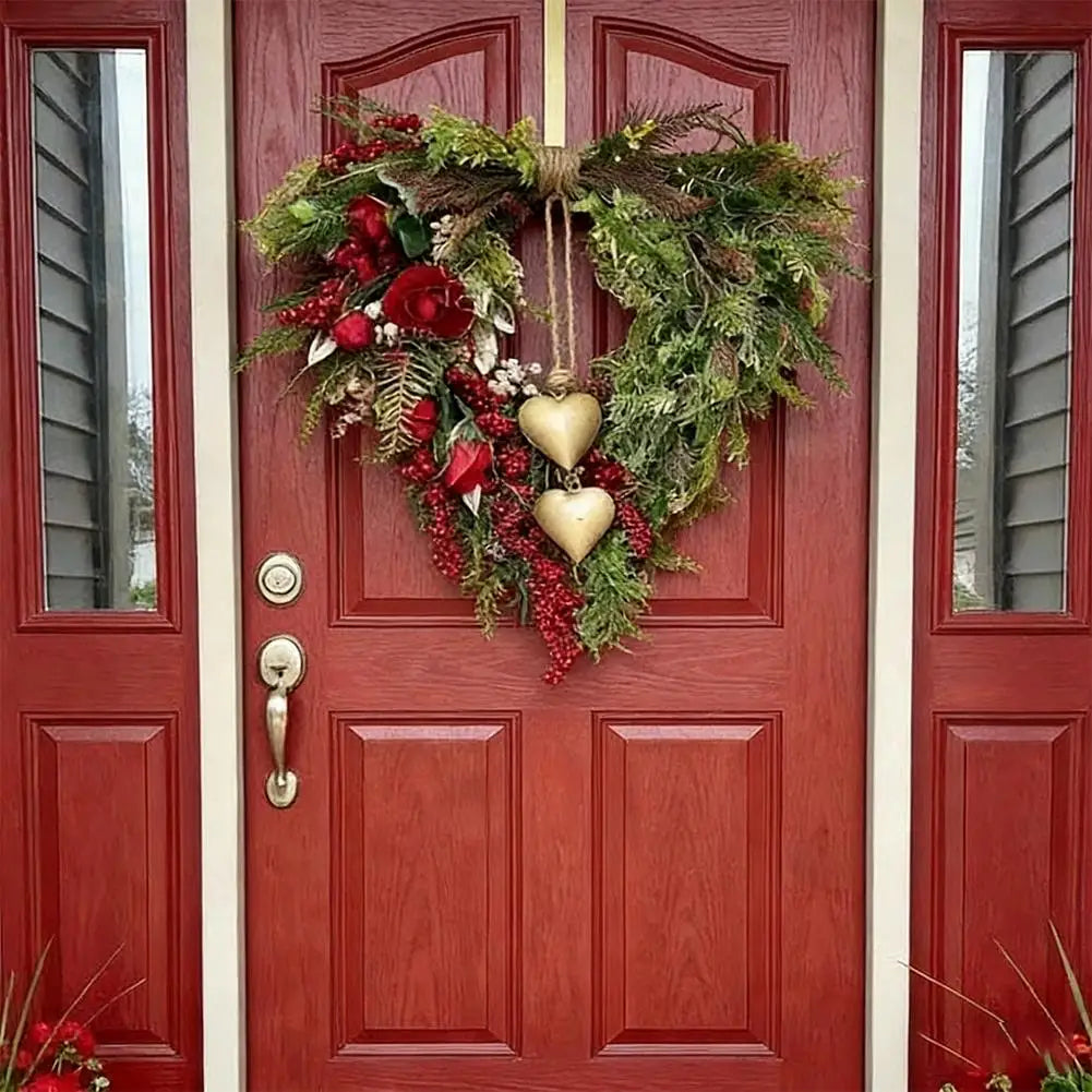Festive Rattan Wreath with Berries & Hearts | Holiday Wall Decor