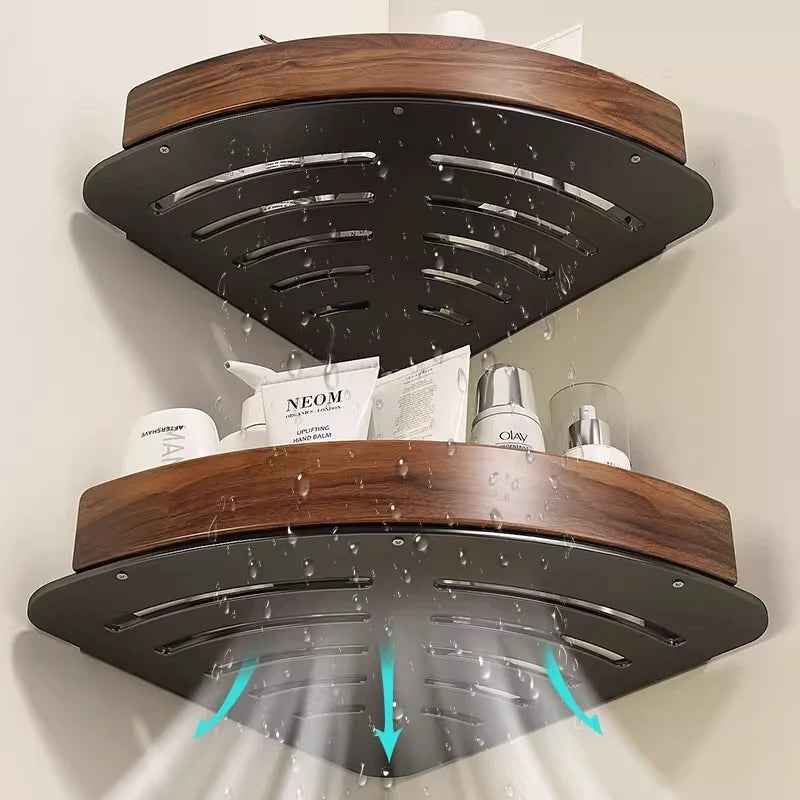 Wood & Aluminum Wall-Mounted Corner Shelf – Bathroom Organizer