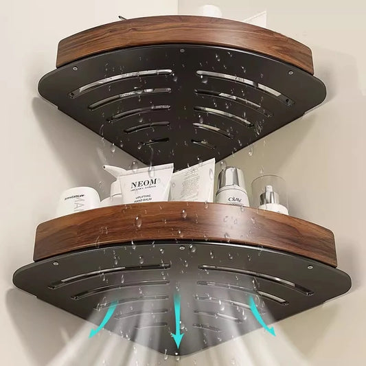 Wood & Aluminum Wall-Mounted Corner Shelf – Bathroom Organizer Wall Corner Shelf Peaceful Pleasures Health and Wellness